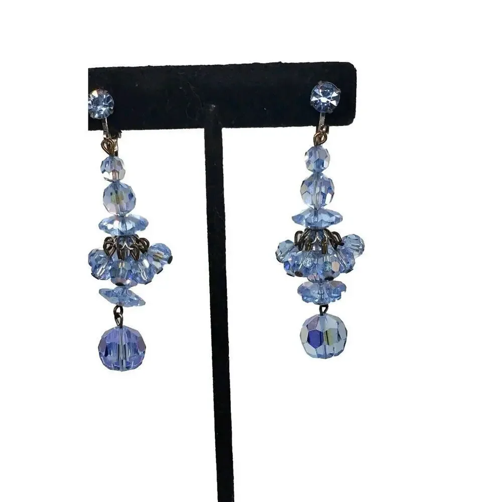 Vintage Earrings Blue Crystal & Rhinestone Dramatic Long Dangle Chacha Clip On